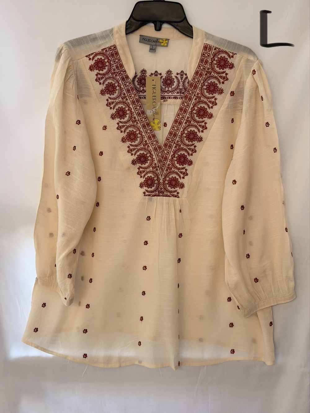 fig and flower Cream Tunic with Red Floral Embroidery